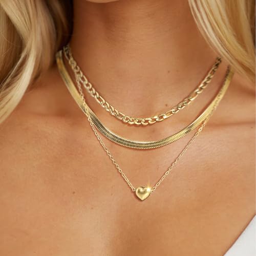 Layered Necklaces for Women,14k Gold Plated Dainty Necklace Stack Set Non Tarnish Adjustable Silver Stainless Steel CZ Heart Circle Pendant Paperclip Choker Herringbone Snake Chain Jewelry - style: Heart Layered Necklace