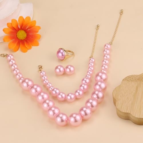 Prom Jewelry Set for Women Pearl Jewelry Sets Pearls Necklace Earrings Bracelet Ring Sets Faux Pearls Bridesmaid Bridal Wedding Prom Outfits Jewelry Sets - color: Pink