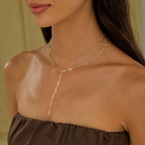 Lariat Necklace for Women, Dainty 14K Gold/Silver Plated Long Necklaces for Women Trendy Simple Layered Y-Shaped Pendant Necklace Adjustable Fashion Jewelry Gift - color: Gold, style: Paperclip Chain