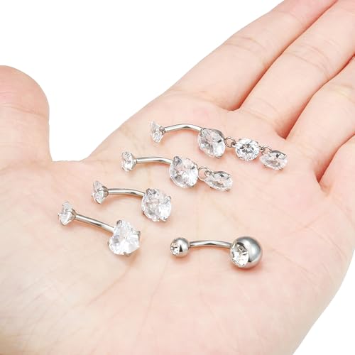 Vsnnsns 14G Dangle Belly Button Ring Piercing Jewelry 316L Stainless Surgical Steel Round Heart Cubic Zirconia Navel Rings Dangling Belly Button Ring Piercing Jewelry for Women 14 Gauge Hypoallergenic - color: Silver-10MM Bar-Clear CZ
