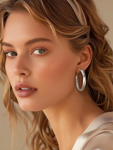 FindChic Twisted Hoop Earrings for Women, Silver/Black/14K Gold Plated Hypoallergenic Hollow Tube Rounded Loop Earrings, 30mm/40mm/60mm/80mm Hoops with Custom Name Options and Gift Box - color: b.Silver, size: 40MM