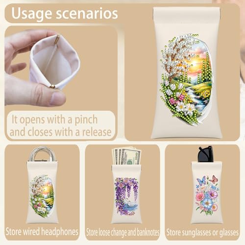 Diamond Art Painting Eye Glass Bag PU Sunglasses Glasses Storage Bag Built-in Glasses Cloth Press Automatic Closure - color: Landscape