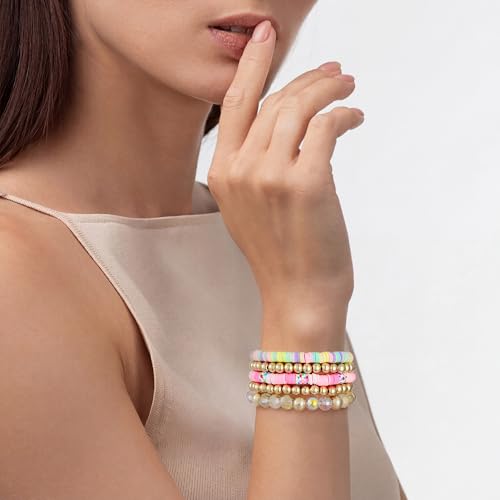 Summer Surfer Heishi Bracelet Set for Women Stackable Gold Plated Clay Ploymer Bead Stretch Pink Beach Layering Bracelets Jewelry - color: B-A2