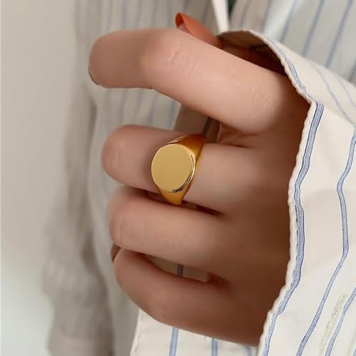 MYNENEY Stainless Steel Round Shape Classical Simple Plain Wedding Engagement Statement Pinky Band Signet Rings for Men Women Size 4-15 - color: Custom-Gold