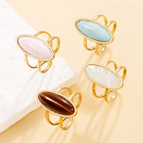 OIDIMS Fashion Geometric Oval Statement Ring for Women Gold-Tone Stainless Steel Dainty Faux Gemstone Adjustable Open Wedding Band Boho Trendy Comfirm Fit Wrap Finger Rings Cocktail Party Jewelry - color: Blue