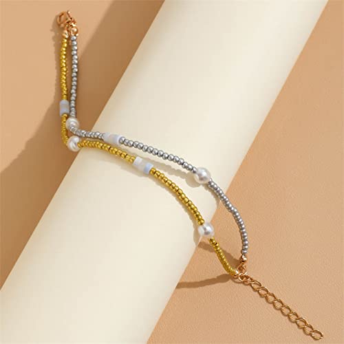 YienDoo Boho Layered Pearl Anklet Bracelet Gold Silver Faux Pearl Ankle Chain Layered Charm Anklet Minimalist Summer Beach Anklet Foot Jewelry Gifts for Women Girls