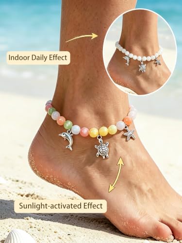 COLORFUL BLING Dopamine UV Reactive Color Changing Resin Beaded Anklet for Women Boho Starfish Seashell Turtle Dolphin Charm Foot Chain Summer Beach Vacation Jewelry - style: style 4