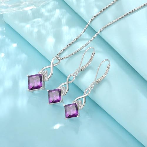 Infinity Necklace 925 Sterling Silver Princess Cut Pendant Birthstone Jewelry for Women - color: Purple