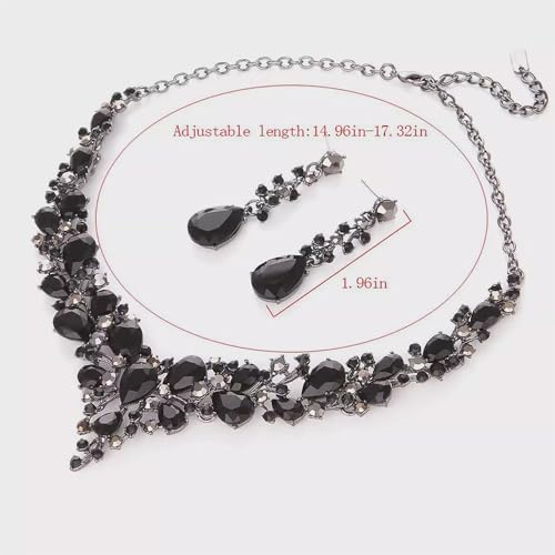 Crystal Bridal Jewelry Set, Floral Statement Necklace, Earrings, Bracelet, Wedding Accessories - color: Black
