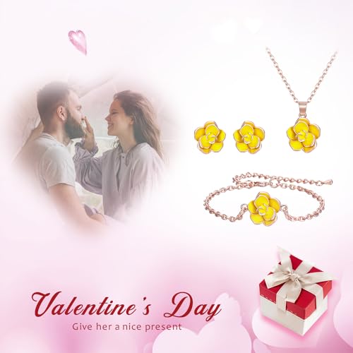 EleQueen Rose Flower Necklace Earrings Bracelet Set for Women - color: 03_Yellow Necklace+Earrings+Bracelet