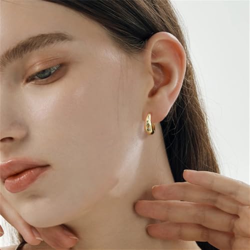 Danity CZ Star Teardrop Small Hoop Earrings for Women 14k Gold/Silver Plated Chunky Crystal Cubic Zirconia Oval Thick Huggie Hoops Hypoallergenic Fashion Trendy Jewelry - color: Gold