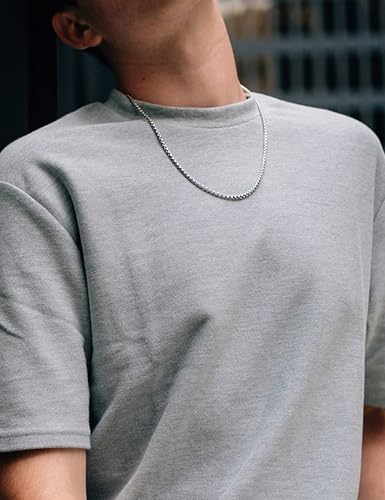 Gold Silver Necklace Chain With Adjustable Lobster Clasp, Diamond Cut Geometric Gold Beads Stationed on Dainty 2mm Cable Box Chain, 16 Inches Rolo Oval Figaro Link Singapore Chain. - color: Silver05