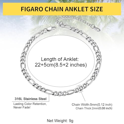 ChainsHouse Ankle Bracelets for Women, Stainless Steel Beaded Chain Ankle Bracelet, Womens Heart Anklets for Summer Beach Jewelry Gifts - color: E: figaro-5mm-stainless steel