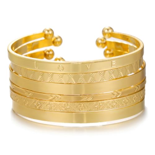 CHICUTIE Gold Bangles Bracelets For Women, 14k Gold Plated Stackable Open Cuff Bracelet Set Charms Trendy Lightweight Elegance Minimalist Textured Boho Jewelry Gift for Women - style: Gold 1