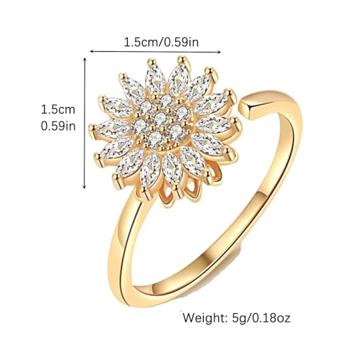 Sunflower Fidget Ring for Women Gold Anxiety Crystal Rings Cubic Zirconia Sunflower Open Adjustable Fidget Ring Spinner Sun Ring for Men Trendy Jewelry - color: Sunflower Gold