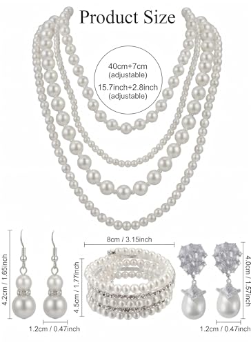 Pearl Necklace Set - Faux Pearl Earrings and Bracelets Jewelry Set for Women Wedding Bridal Shower Tea Party Accessories - style: 4pcs-silver