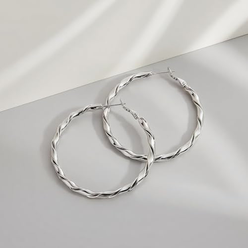 14k Gold Plated Hoop Earrings for Women, 925 Sterling Silver Posts Thick Twist Hypoallergenic Chunky Large Earrings 20mm 30mm 40mm 50mm - color: silver, size: 50mm