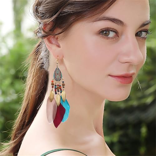 Dreuyet Boho Long Feather Drop Dangle Earrings for Women Retro Bohemian Ethnic Fringe Multicolor Tassel Feather Earring Handmade Statement Dream Catcher Earrings Jewelry - color: Color Teardrop