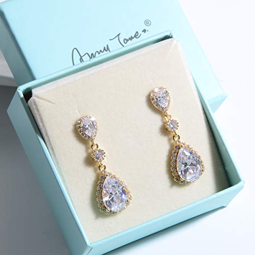 Teardrop Dangle Earrings for Wedding - Sparkly Sterling Silver Cubic Zirconia Crystal Rhinestone Drop Earrings Pierced Austrian Style Hypoallergenic Earrings Womens Bridal Jewelry - style: PJ 3 long teardrop wedding earrings gold
