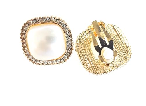 Clip-on Earrings Crystal Faux Pearl Square 1 inch Earrings Gold or Silver Earrings - color: Gold