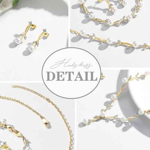 Jewelry Set for Women, Necklace Dangle Earrings Bracelet Set with White AAA Cubic Zirconia, Allergy Free Wedding Party Jewelry for Bridal Bridesmaid - color: Necklace+Braclelet+Earrings-pearl style gold