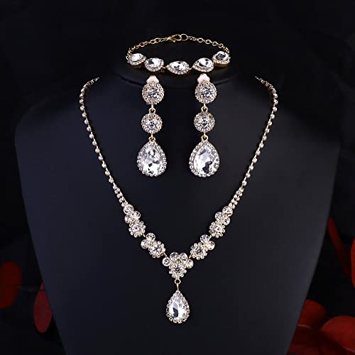 Jstyle Rhinestone Wedding Jewelry Sets for Brides, Brides Bridesmaid Sets | Non Tarnish Bridal Jewelry Set, Crystal Teardrop Pendants Necklace Bracelet,Clip On Earrings, Wedding Prom Jewelry Set - color: Gold Tone