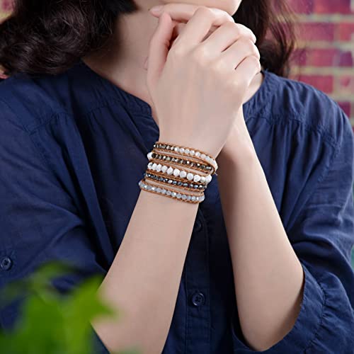 MGR MY GEMS ROCK! 35-Inch Long Multi-Layer Hand Crafted Gemstone and Crystal Multi-Stone Beaded on Genuine Leather Boho Style Stackable Super Wrap Bracelet, up to 5 Wraps.