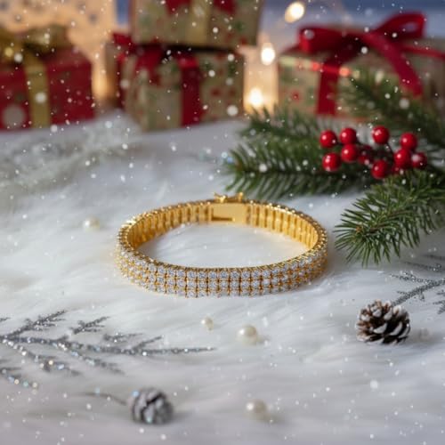 2 Rows Tennis Bracelets for Women Men - 18K Yellow Gold Plated 3mm Round Cut Cubic Zirconia Classic Tennis Bracelet, Size 6.5-8.5 Inch - color: Gold - 3 Rows, size: 7 inch
