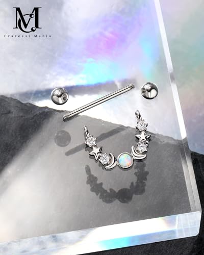 CM Crareesi Mania Opal Nipple Rings 316L Stainless Steel Nipple Shield Ring for Women 14G Moon Phase Nipple Piercing Jewelry - color: Silver-Star and Moon
