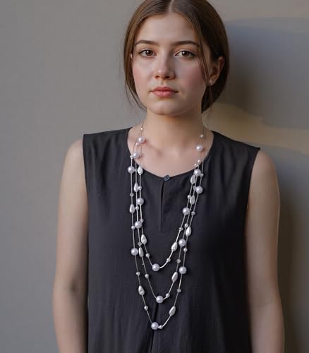 Errally Long Pearl Necklace and Earring Set Layered Pearl Beaded Necklaces for Women White Costume Jewelry Sets Gifts for Mom - color: Teardrop Shaped