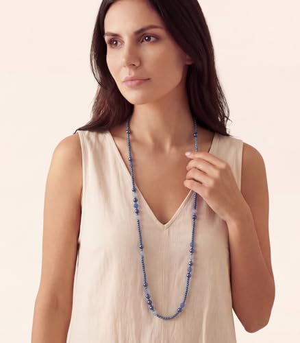 Long Beaded Necklaces for Women Pearl Stone Bead Strand - Layered Sweater Chain Elegant Mother's Day Jewelry Gifts - color: Blue