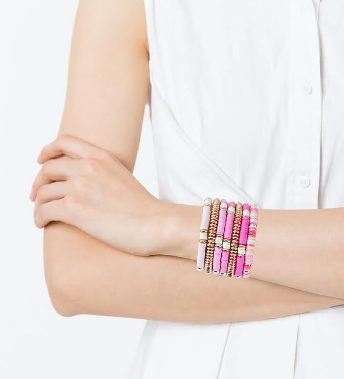 Summer Surfer Heishi Bracelet Set for Women Stackable Gold Plated Clay Ploymer Bead Stretch Pink Beach Layering Bracelets Jewelry - color: A-pink&gold set