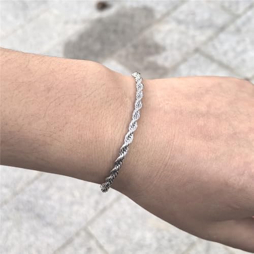 kelistom 18K Gold Silver Tone Rope Link Chain Bracelet for Women Men, 3mm 4mm Braided Rope Chain Bracelets, 7” 7.5” 8.3”, - size: 7.0", style: 4mm-silver
