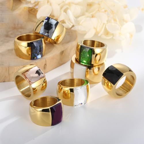 OIDIMS Stunning Large Statement Glass Crystal Rhinestone Band Cocktail Ring Cubic Zirconia Stainless Steel Thick Chunky for Women Men18k Gold Plated Friend Graduation Gift Evening Party - color: Purple, size: 6
