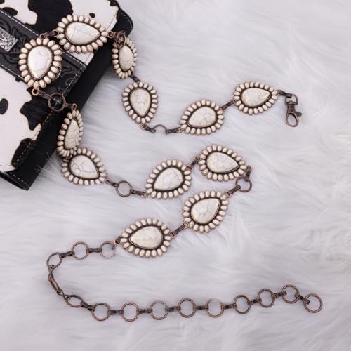 Montana West Rustic Couture's Turquoise Western Concho Chain Belt for Women | Large Western Cowgirl Metal Adjustable Boho Body Chain Belt for Dresses Jeans Country Concert - color: Buttery White-g