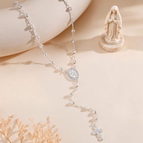 14K Gold/Silver Plated Miraculous Medal Rosary Cross Necklace Women | Miraculous Medal Y-Chain Rosary Necklace, Premium Gift Box, Catholic Milestone Gifts, Daily Faith Wear - style: Silver Style4