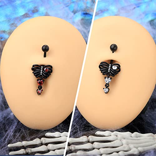 Black Skeleton Heart Belly Button Rings Dangle Halloween Navel Rings 14G Belly Piercing Jewelry Stainless Steel - color: Red
