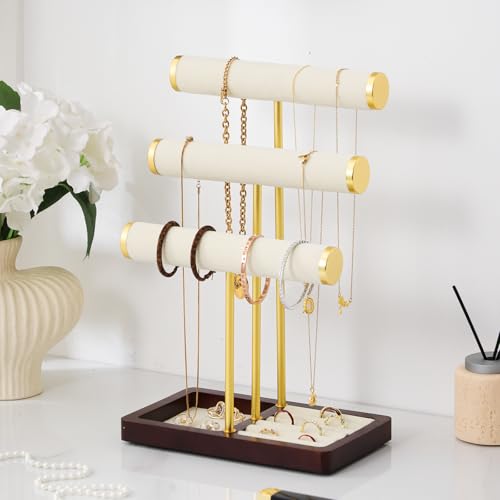 modern T-shaped jewelry rack, jewelry tower, gold metal, square ceramic base decoration display tower, necklace, bracelet, ring storage rack (3-layer beige velvet) - style: 3-layer beige velvet