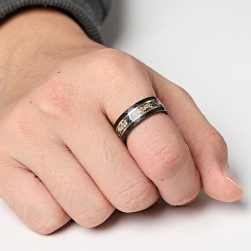 Mens Tungsten Carbide Wedding Bands 8mm Black Hammered Edge Gold Foil Inly Durable Scratch Proof Stainless Steel Cool Promise Ring for Him Comfort Fit - color: Black-8mm