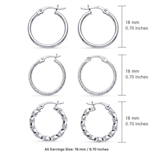 Charmsy Set of 3 Pairs 925 Sterling Silver Hoop Earrings for Women | Lightweight Italian 2.5mm Tube Diamond-Cut Classic Texured Click-Top Hoops Earring | Size 12/13/15/18/20/25mm - color: Tri-PAIR-18mm