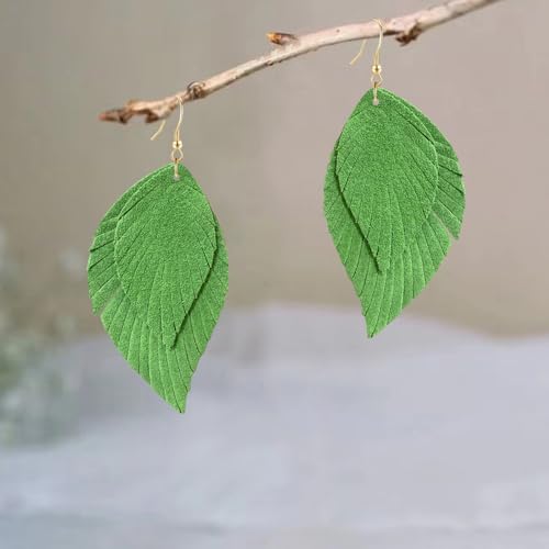 Genuine Leather Handmade Fringe Feather Lightweight Dangle Drop Earrings Teardrop Tassel Hook Earrings for Women - style: 6 Bright Green