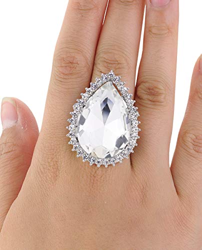 NYFASHION101 Radiant Teardrop Stone Adjustable Cocktail Statement Ring - color: Clear Encircled Teardrop, Silver-Tone