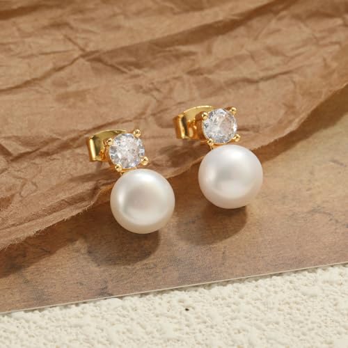 WFYOU Pearl Earrings for Women 925 Sterling Silver Stud Earring | 14K Gold Plated Hypoallergenic Stud Earrings, White Diamond Dainty Bridal Earring, Trendy Jewelry, Wedding Party Gifts - color: Gold B, size: 5mm