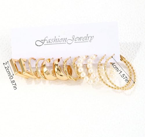 14K Gold Plated Geometric Hoop Earrings for Women Chunky Hypoallergenic Thick Lightweight Jewelry - color: Gold-6 Pairs