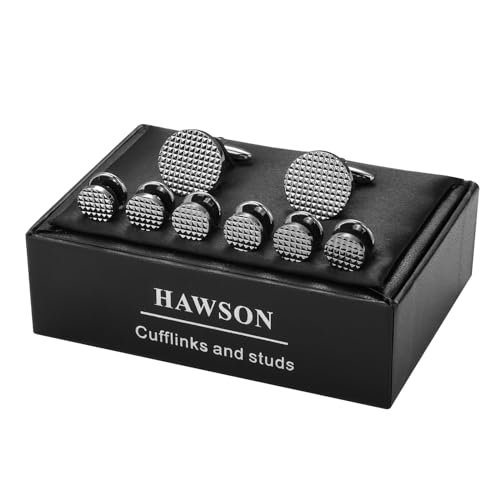 HAWSON Silver/Gold Cufflinks for Men with Tuxedo Shirt Studs,Men Accessories Jewelry with Gift Box,Gifts for Family,Best Friend on Wedding Business Birthday Anniversary - color: Gunmetal ( Cufflinks with 6 pcs studs)