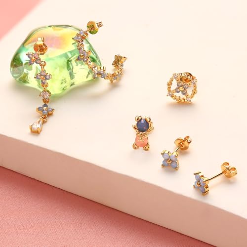 Sterling Silver Earrings Stacks for Women, Hypoallergenic Cartilage Earring | Dainty Stud Huggie Hoop Dangle Chain Earrings, 14K Gold/White Gold Plated - color: 6Pcs Blue Blossom Set(Single Earring Not a Pair)