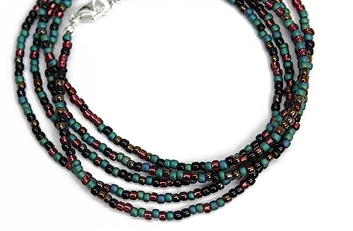 Kathy Bankston Teal Green Plum Seed Bead Necklace, Thin 1.5mm Single Strand | Beaded Layering Necklace, Choker to Long Lengths, Made to Order