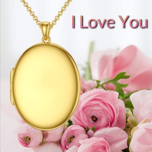 SOULMEET 10K 14K 18K Solid White Gold/Silver Minimalist Style/Infinity Sunflower Heart/Oval Locket Necklace That Holds 1 or 2 Pictures Personalized Photo Locket Necklace Letters Engraving - style: E1-Gold oval locket only