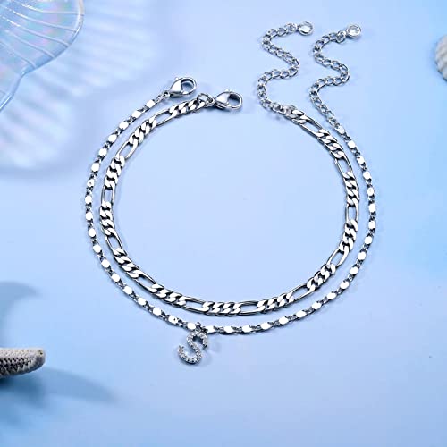 Ursteel Ankle Bracelets for Women, 14K-Gold-Plated Dainty Layered Chain CZ Initial Anklets Set Summer Jewelry Gifts for Women - style: L-Silver-Plated
