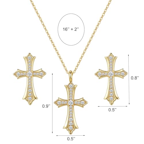 Gold Plated Imitation Diamond Cross Necklace and Earrings Set for Women Cubic Zirconia Trendy Stud Earrings and Cross Pendant Necklaces Jewelry Set Dainty Cross Cute Faith Jewelry Gifts Set - color: Gold